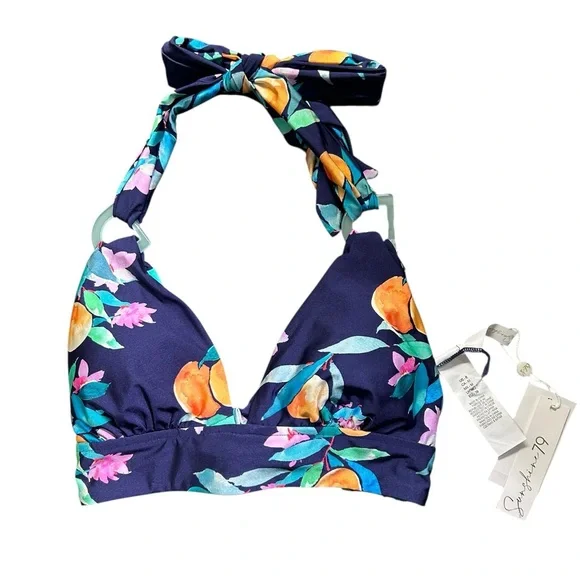 SUNSHINE 79 navy floral banded peaches halter style bikini swim top size 6 NWT - Picture 3 of 7